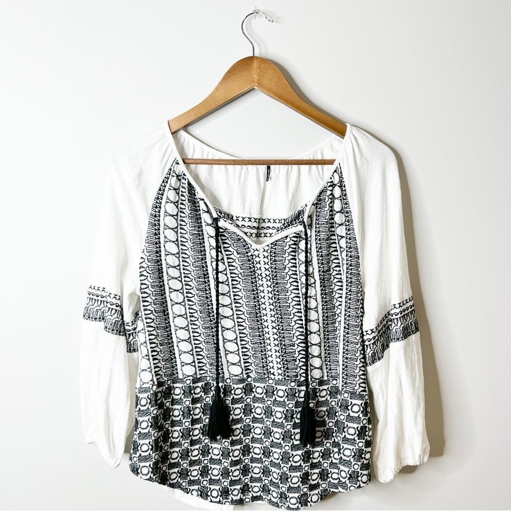 Boho Embroidered Peasant Top - White with Black Pattern